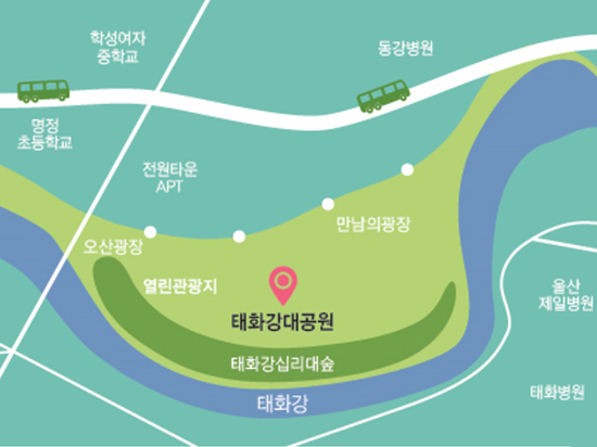 일반버스 103, 104, 114, 123, 133 / 203, 233 / 317, 327, 357 / 402, 413, 421, 422, 426, 433, 442 / 708, 718, 728 / 802, 807, 817 번을 타신후 학성여중에서 하차하여 길을 건너신후 태화강 방면으로 걸어서 5분정도 내려오시면 왼쪽에 입구가 있습니다.