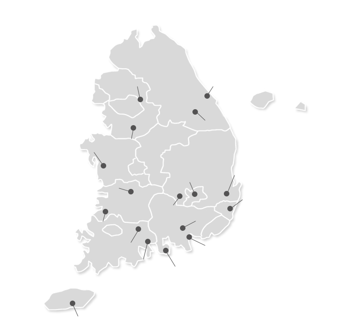 열린관광지로 선정된 곳을 표시한 지도입니다.
