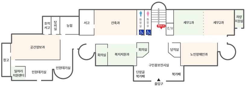 왼쪽 상단부터 시계방향으로 호적서고, 탕비실, 농협, 서고, 건축과, 화장실(남), 화장실(여), E/V, 세무1과, 세무2과, 차량 지원실, 노인장애인과, 당직실, 북카페, 구민홍보전시실, 단장골 북카페, 회의실, 복지지원과, 회의실, 민원대기실, 일자리 지원센터, 창고, 공간정보과 구성