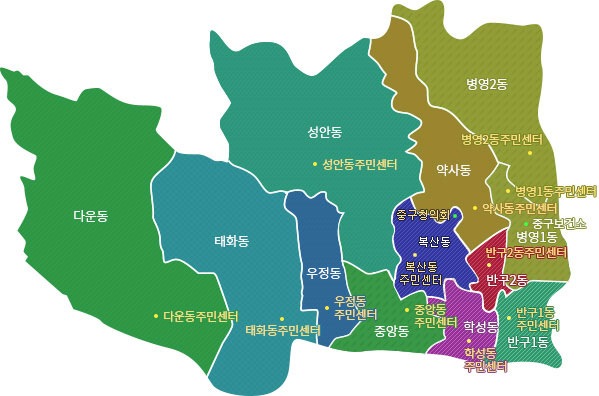 울산광역시 중구 지도 이미지 입니다. 원하시는 영역을 클릭하시면 해당 동 홈페이지로 이동합니다.