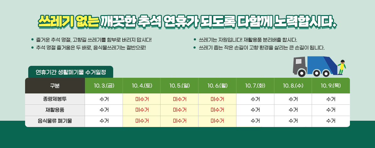 추석연휴 생활폐기물 수거 일정 안내 이미지(1)