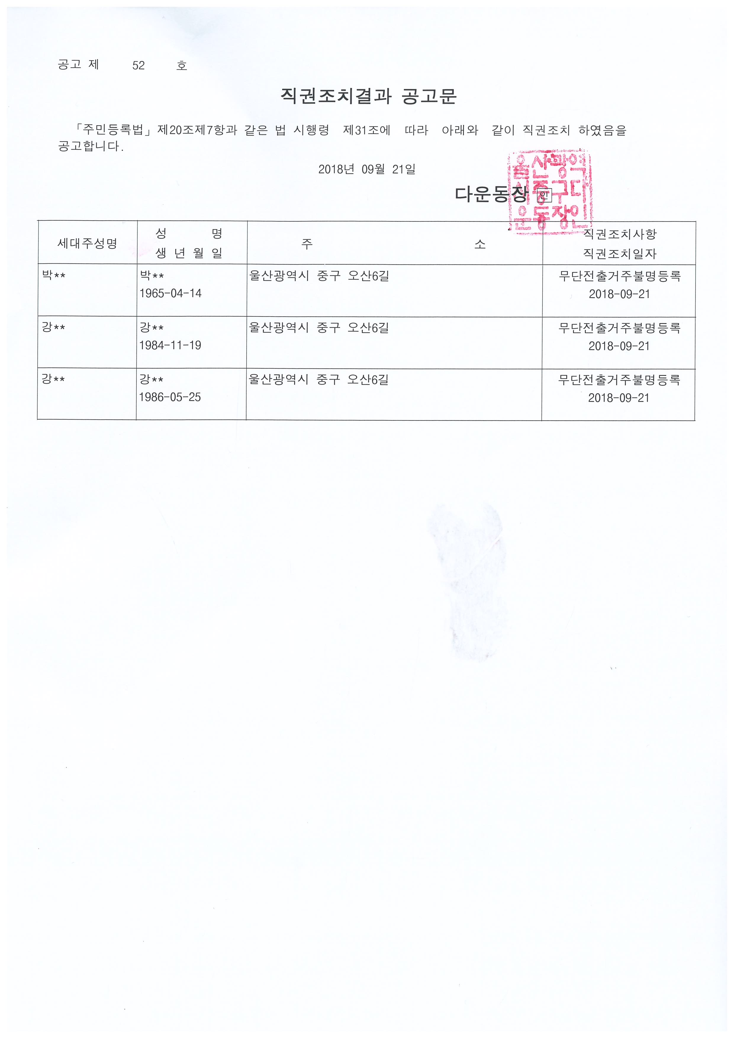 무단전출로 인한 직권조치대상자 공고 이미지(1)