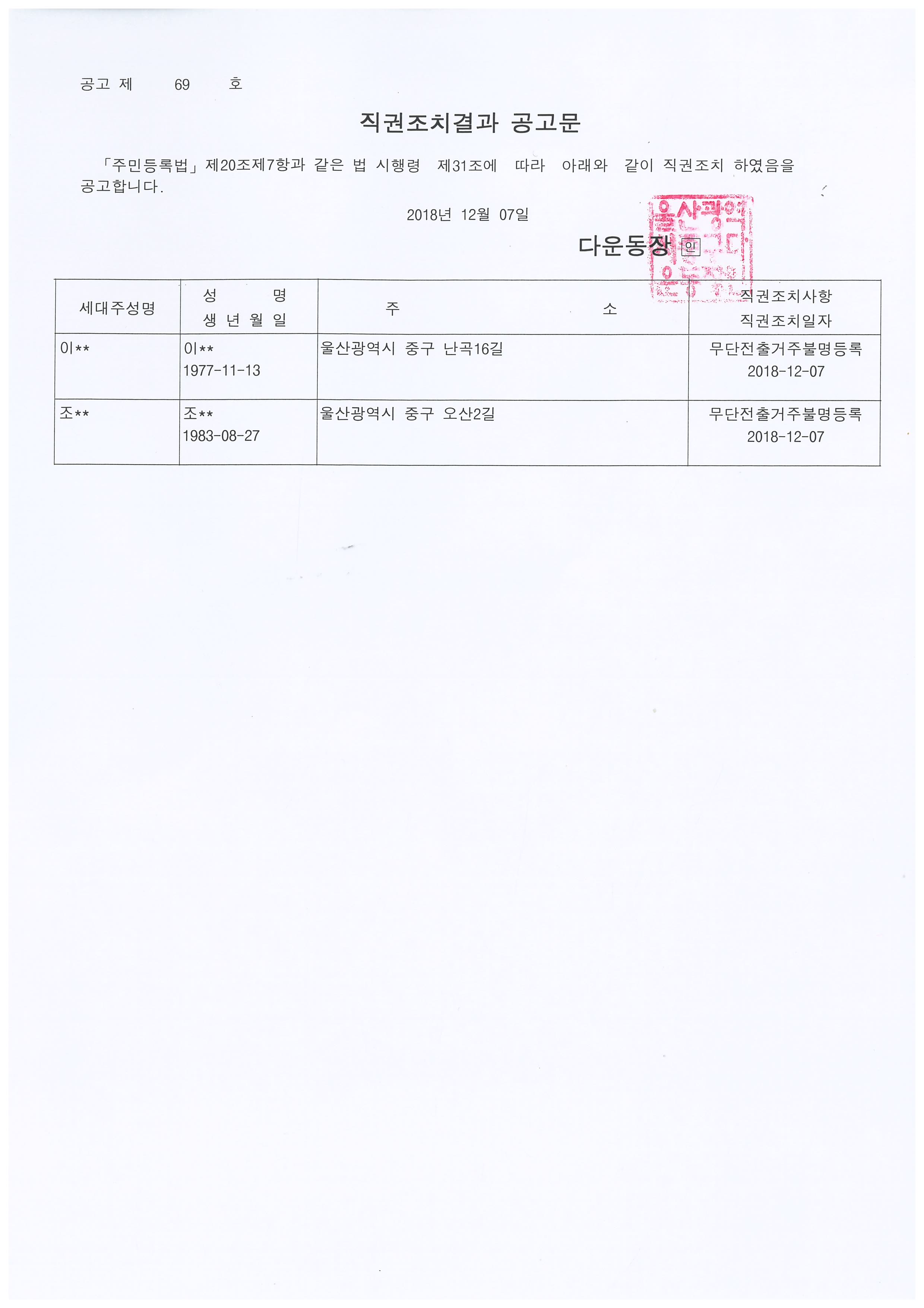 무단전출로 인한 직권조치대상자 공고 이미지(1)
