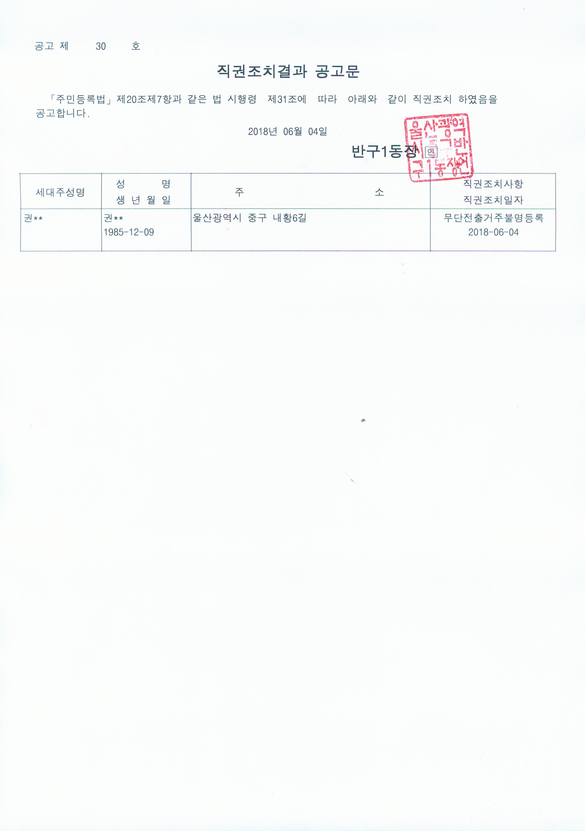 주민등록 무단전출자에 대한 직권조치결과공고 이미지(1)