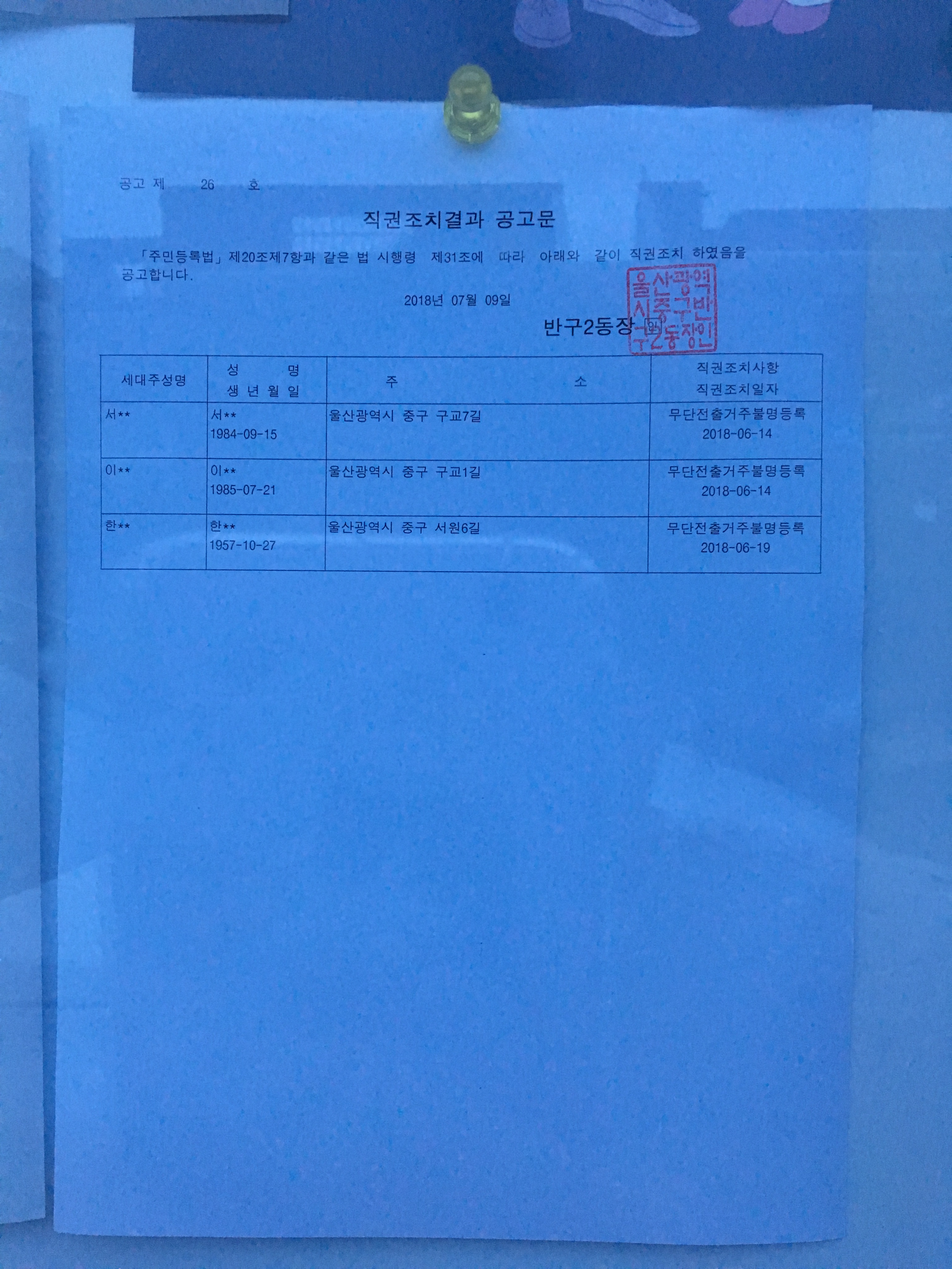 주민등록 무단전출자 직권조치결과 공고 이미지(1)