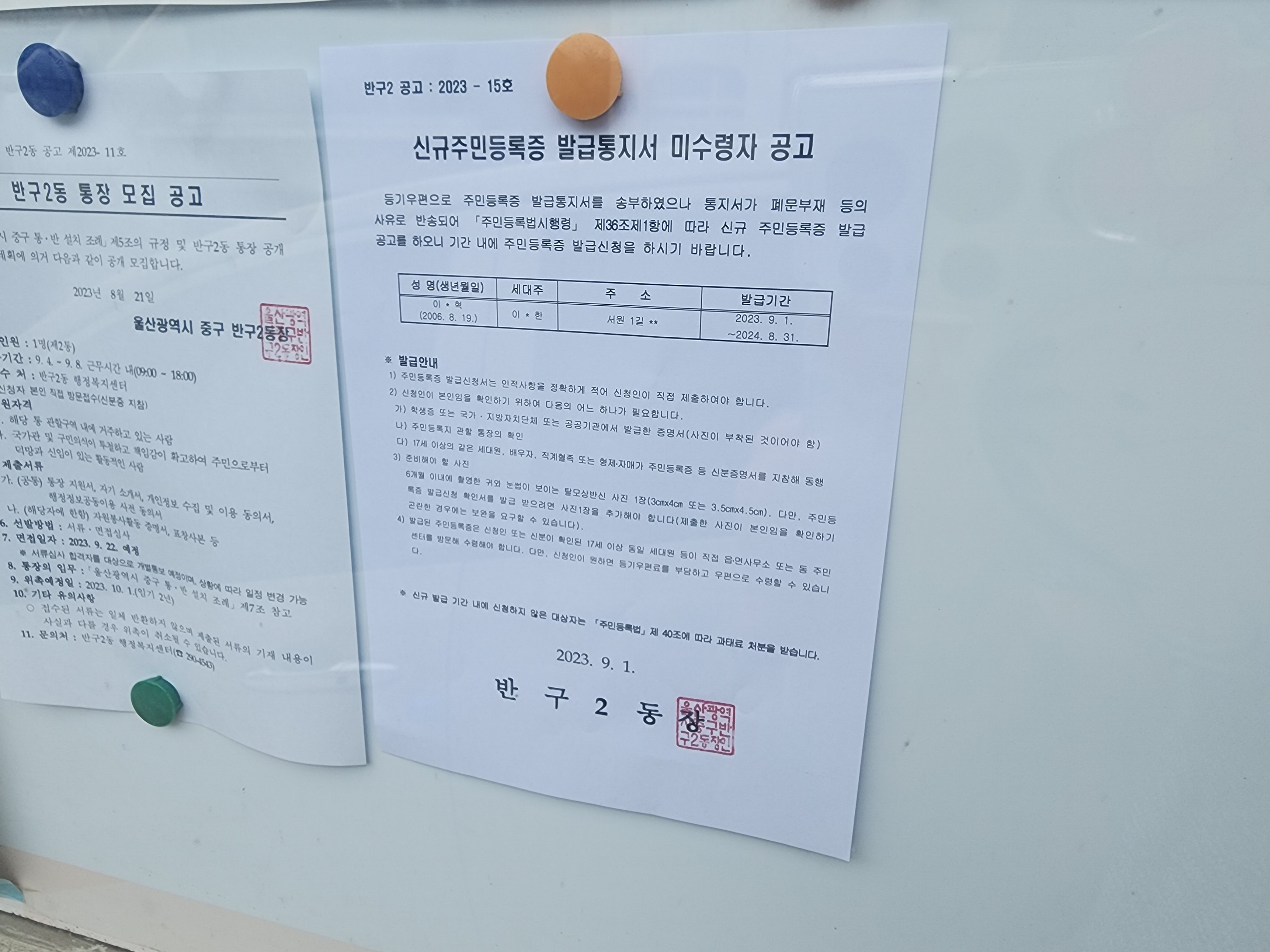 신규주민등록증 발급통지서 미수령자 공고 이미지(1)