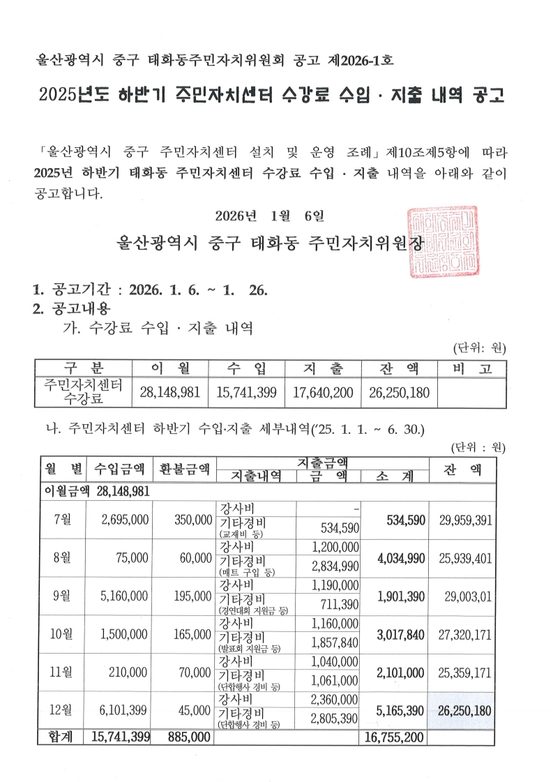 2025년도 하반기 주민자치센터 수강료 수입·지출 내역 공고 이미지(1)