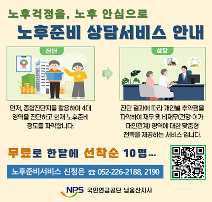 노후걱정을, 노후 안심으로
노후준비 상담서비스 안내
진단 : 먼저, 종합진단지를 활용하여 4대 영역을 진단하고 현재 노후준비 정도를 파악합니다.
상담 : 진단 결과에 따라 개인별 추약점을 파악하여 재무 및 비재무(건강·여가·대인관계) 영역에 대한 맞춤형 전략을 제공하는 서비스 입니다.
무료로 한달에 선착순 10명
노후준비서비스 신청은  ☎ 052-226-2188, 2190
QR코드 노후준비상담 예약 바로가기 https://csa.nps.or.kr/counsel/visit.do
국민연금공단 남울산지사
