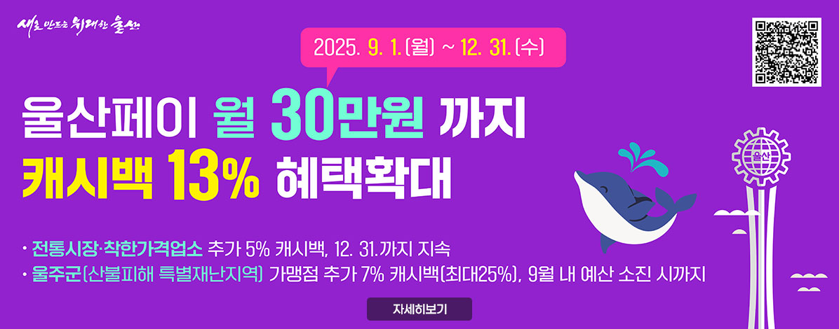 울산페이 월 30만원까지 캐시백 13% 혜택 확대
2025. 9. 1.(월) ~ 12. 31.(수)
전통시장·착한가격업소 추가 5% 캐시백, 12. 31.까지 지속
울주군(산불피해 특별재난지역) 가맹점 추가 7% 캐시백(최대25%), 9월 내 예산 소직 시까지
QR코드 모바일 울산페이 앱 바로가기 https://play.google.com/store/apps/details?id=gov.ulsan.uspay&pcampaignid=web_share
자세히보기