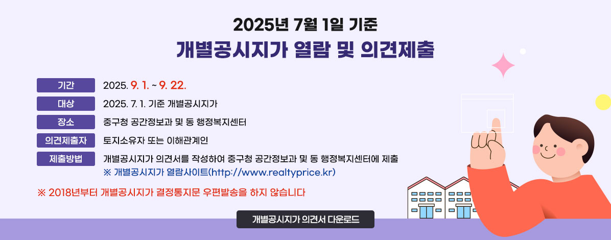 2025년 7월 1일 기준 개별공시지가 열람 및 의견제출
ㆍ기간 : 2025. 9. 1. ~ 9. 22.
ㆍ대상 : 2025. 7. 1. 기준 개별공시지가
ㆍ장소 : 중구청 공간정보과 및 동 행정복지센터
ㆍ의견제출자 : 토지소유자 또는 이해관계인
ㆍ제출방법 : 개별공시지가 의견서를 작성하여 중구청 공간정보과 및 동 행정복지센터에 제출
*개별공시지가 열람사이트(http://www.realtyprice.kr)
※ 2018년부터 개별공시지가 결정통지문 우편발송을 하지 않습니다
개별공시지가 의견서 다운로드