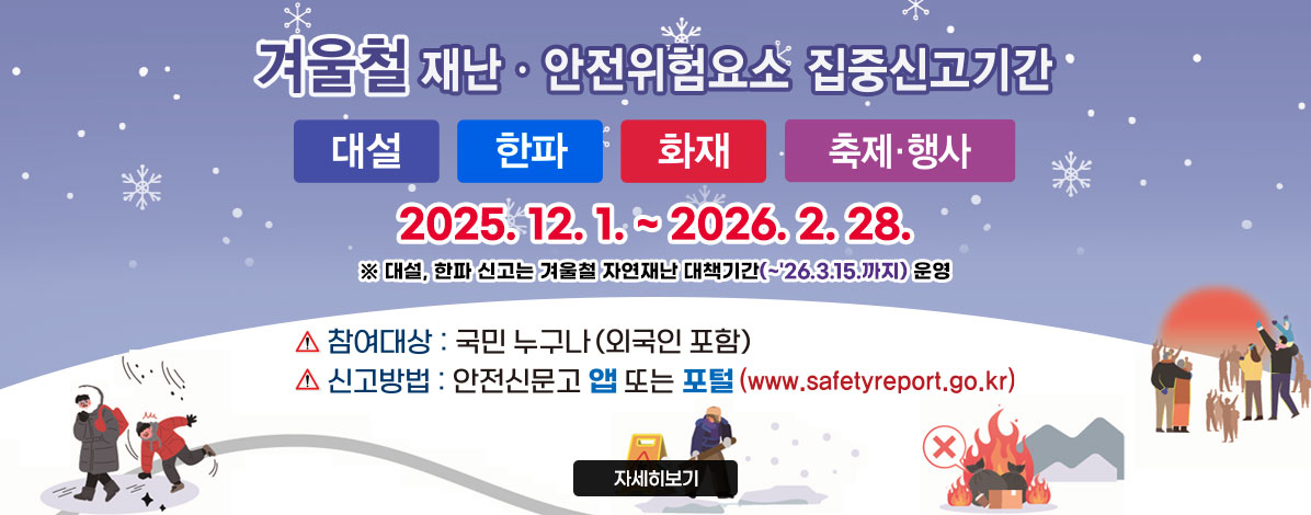 겨울철 재난·안전위험요인 집중신고기간
대설, 한파, 화재, 축제·행사
2025. 12 .1. ~ 2026. 2. 28.
※ 대설, 한파 신고는 겨울철 자연재난 대책기간(~'26.3.15.까지) 운영
ㆍ참여대상 : 국민 누구나(외국인 포함)
ㆍ신고방법 : 안전신문고 앱 또는 포털(www.safetyreport.go.kr)
자세히보기