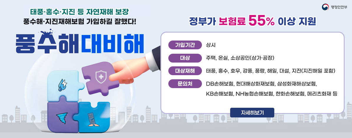 태풍·홍수·지진 등 자연재해 보장
풍수해·지진재해보험 가입하길 잘했다!
풍수해대비해
정부가 보험료 55% 이상 지원
ㆍ가입기간 : 상시
ㆍ대상 : 주택, 온실, 소상공인(상가·공장)
ㆍ대상재해 : 태풍, 홍수, 호우, 강풍, 풍랑, 해일, 대설, 지진(지진해일 포함)
ㆍ문의처 : DB손해보험, 현대해상화재보험, 삼성화재해상보험, KB손해보험, NH농협손해보험, 한화손해보험, 메리츠화재 등
자세히보기