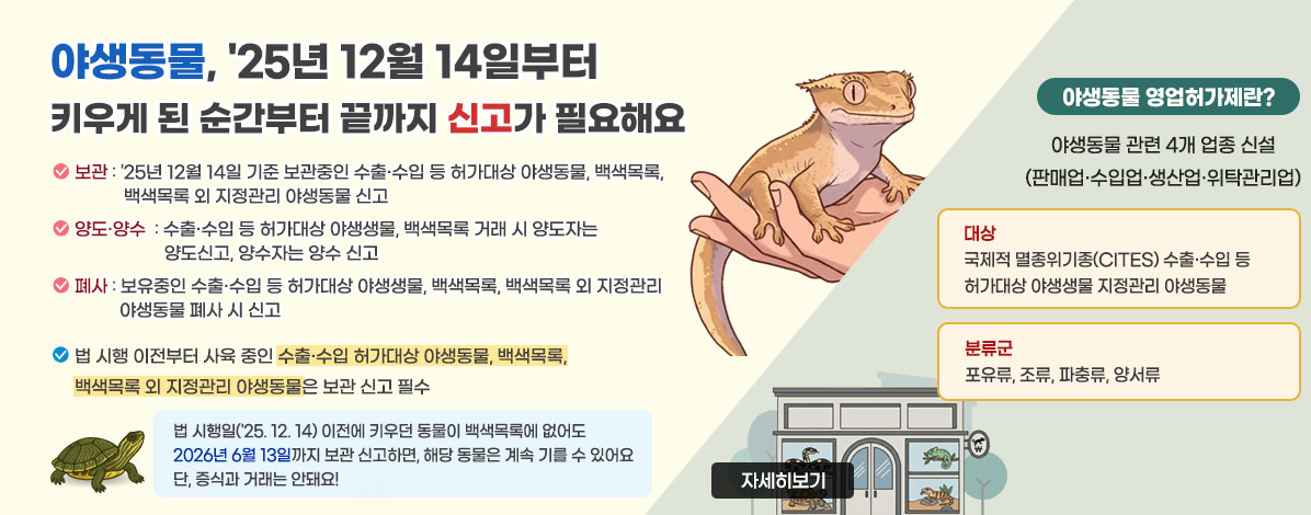 야생동물, '25년 12월 14일부터
키우게 된 순간부터 끝까지 신고가 필요해요
ㆍ보관 : '25년 12월 14일 기준 보관중인 수출·수입 등 허가대상 야생동물, 백색목록, 백색목록 외 지정관리 야생동물 신고
ㆍ양도·양수  : 수출·수입 등 허가대상 야생생물, 백색목록 거래 시 양도자는 양도신고, 양수자는 양수 신고
ㆍ폐사 : 보유중인 수출·수입 등 허가대상 야생생물, 백색목록, 백색목록 외 지정관리 야생동물 폐사 시 신고
ㆍ법 시행 이전부터 사육 중인 수출·수입 허가대상 야생동물, 백색목록, 백색목록 외 지정관리 야생동물은 보관 신고 필수
법 시행일('25. 12. 14) 이전에 키우던 동물이 백색목록에 없어도 2026년 6월 13일까지 보관 신고하면, 해당 동물은 계속 기를 수 있어요
단, 증식과 거래는 안돼요!
야생동물 영업허가제란?
야생동물 관련 4개 업종 신설
(판매업·수입업·생산업·위탁관리업)
- 대상 : 국제적 멸종위기종(CITES) 수출·수입 등 허가대상 야생생물 지정관리 야생동물
- 분류군 : 포유류, 조류, 파충류, 양서류
자세히보기