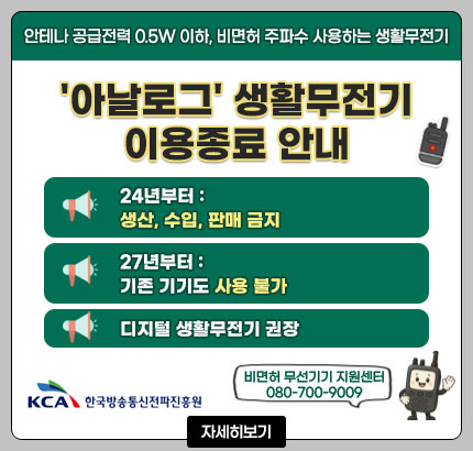 안테나 공급전력 0.5W 이하, 비면허 주파수 사용하는 생활무전기
'아날로그' 생활무전기 이용종료 안내
ㆍ24년부터 : 생산, 수입, 판매 금지
ㆍ27년부터 : 기존 기기도 사용 불가
ㆍ디지털 생활무전기 권장
비면허 무선기기 지원센터 080-700-9009
KCA 한국방송통신전파진흥원
자세히보기