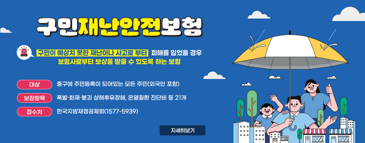 구민재난안전보험
구민이 예상치 못한 재난이나 사고로 부터 피해를 입었을 경우
보험사로부터 보상을 받을 수 있도록 하는 보험
ㆍ대상 : 중구에 주민등록이 되어있는 모든 주민(외국인 포함)
ㆍ보장항목 : 폭발·화재·붕괴 상해후유장해, 온열질환 진단비 등 21개
ㆍ접수처 : 한국지방재정공제회(1577-5939)
자세히보기