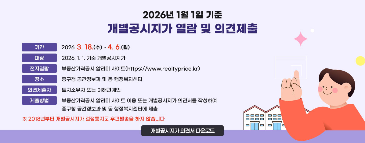 2026년 1월 1일 기준 개별공시지가 열람 및 의견제출 
ㆍ기간 : 2026. 3. 18.(수) ~ 4. 6.(월)
ㆍ대상 : 2026. 1. 1. 기준 개별공시지가
ㆍ전자열람 : 부동산가격공시 알리미 사이트(https://www.realtyprice.kr)
ㆍ장소 : 중구청 공간정보과 및 동 행정복지센터
ㆍ의견제출자 : 토지소유자 또는 이해관계인
ㆍ제출방법 : 부동산가격공시 알리미 사이트 이용 또는 개별공시지가 의견서를 작성하여 중구청 공간정보과 및 동 행정복지센터에 제출
※ 2018년부터 개별공시지가 결정통지문 우편발송을 하지 않습니다
개별공시지가 의견서 다운로드