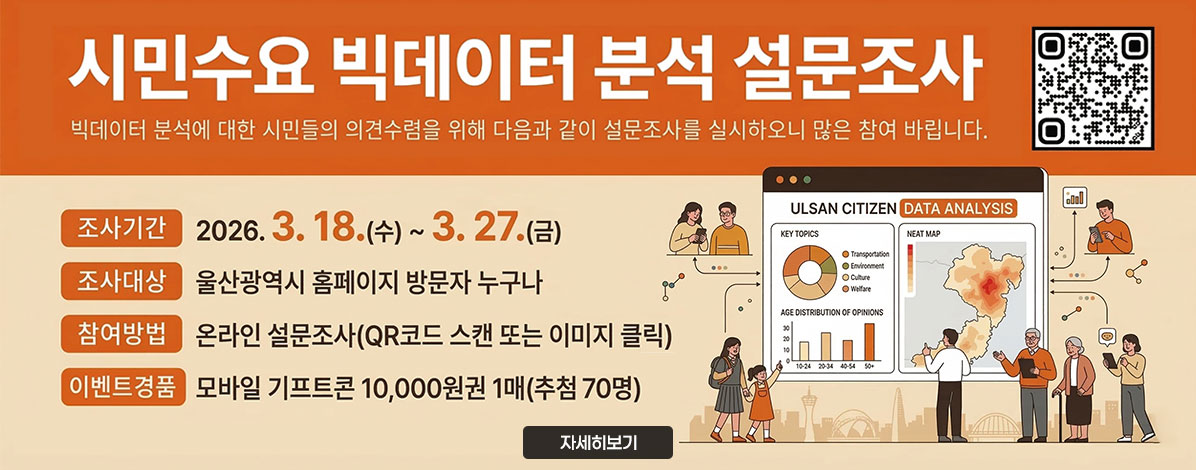 시민수요 빅데이터 분석 설문조사
빅데이터 분석에 대한 시민들의 의견수렴을 위해 다음과 같이 설문조사를 실시하오니 많은 참여 바랍니다.
ㆍ조사기간 : 2026. 3. 18.(수) ~ 3. 27.(금)
ㆍ조사대상 : 울산광역시 홈페이지 방문자 누구나
ㆍ참여방법 : 온라인 설문조사(QR코드 스캔 또는 이미지 클릭)
ㆍ이벤트 경품 : 모바일 기프트콘 10,000원권 1매(추첨 70명)
QR코드 시민수요 빅데이터 분석 설문조사 바로가기 https://forms.gle/AfxQvgANnG5WkTvNA
자세히보기