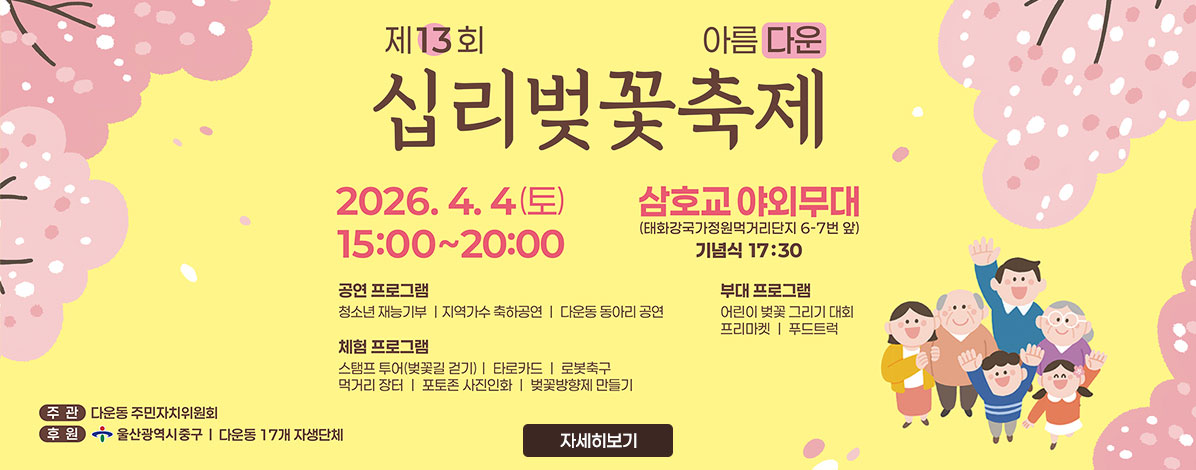 제13회 아름다운
십리벚꽃축제
2026. 4. 1(토) 15:00~20:00
삼호교 야외무대
(태화강국가정원먹거리단지 6-7번 앞)
기념식 17:30
ㆍ공연 프로그램 : 청소년 재능기부, 지역가수 축하공연, 다운동 동아리 공연
ㆍ부대 프로그램 : 어린이 벚꽃 그리기 대회, 프리마켓, 푸드트럭
ㆍ체험 프로그램 : 스탬프 투어(벚꽃길 걷기), 타로카드, 로봇축구, 먹거리 장터, 포토존 사진인화, 벚꽃방향제 만들기
ㆍ주관 : 다운동 주민자치위원회
ㆍ후원 : 울산광역시중구, 다운동 17개 자생단체
자세히보기