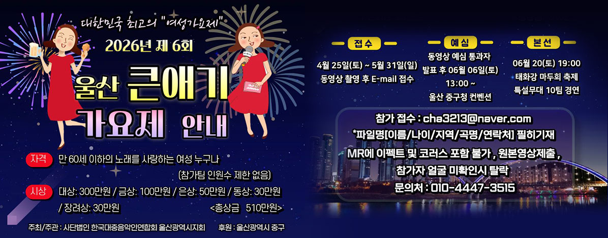 대한민국 최고의 여성가요제
2026년 제6회
울산 큰애기 가요제 안내
ㆍ자격 : 만 60세 이하의 노래를 사랑하는 여성 누구나(참가팀 인원수 제한 없음)
ㆍ시상 : 대상 300만원 / 금상 100만원 / 은상 50만원 / 동상 30만원 / 장려상 30만원
총상금 510만원
ㆍ접수 : 4월 25일(토) ~ 5월 31일(일) 동영상 촬영 후 E-mail 접수
ㆍ예심 : 동영상 예심 통과자 발표 후 06월 06일(토) 13:00 ~ 울산 중구청 컨벤션
ㆍ본선 : 06월 20일(토) 19:00 태화강 마두희 축제 특설무대 10팀 경연
ㆍ참가 접수 : cha3213@naver.com
*파일명[이름/나이/지역/곡명/연락처] 필히기재
MR에 이펙트 및 코러스 포함 불가, 원본영상제출, 참가자 얼굴 미확인시 탈락
문의처 : 010-4447-3515
ㆍ주최/주관 : 사단법인 한국대중음악인연합회 울산광역시지회
ㆍ후원 : 울산광역시 중구
자세히보기