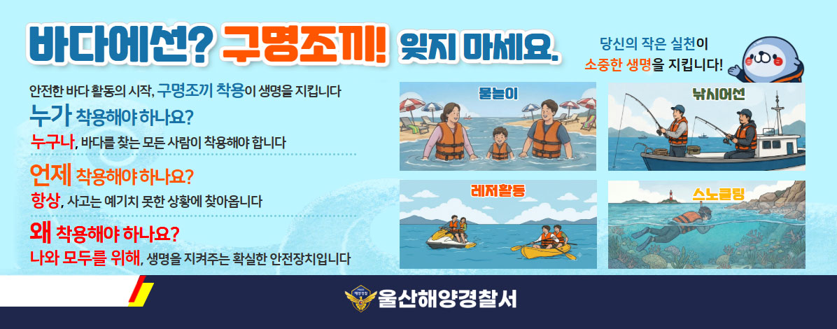 바다에선? 구명조끼! 잊지 마세요.
안전한 바다 활동의 시작, 구명조끼 착용이 생명을 지킵니다
누가 착용해야 하나요?
누구나, 바다를 찾는 모든 사람이 착용해야 합니다
언제 착용해야 하나요?
항상, 사고는 예기치 못한 상황에 찾아옵니다
왜 착용해야 하나요?
나와 모두를 위해, 생명을 지켜주는 확실한 안전장치입니다
물놀이, 낚시어선, 레저활동, 스노쿨링
울산해양경찰서