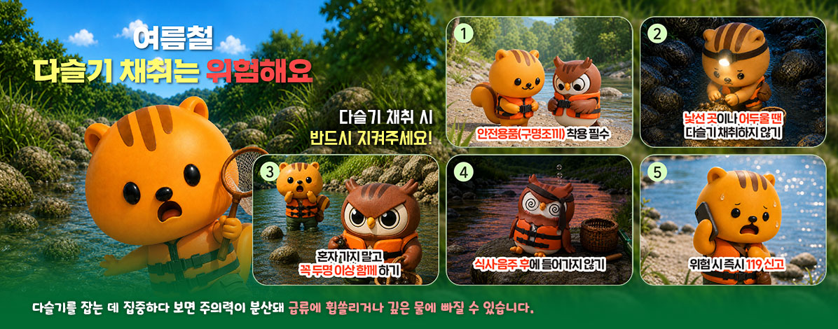여름철 다슬기 채취는 위험해요
다슬기 채취 시 반드시 지켜주세요!
① 안전용품(구명조끼) 착용 필수
② 낯선 곳이나 어두울 땐 다슬기 채취하지 않기
③ 혼자 가지 말고 꼭 두명 이상 함게 하기
④ 식사·음주 후에 들어가지 않기
⑤ 위험 시 즉시 119 신고
다슬기를 잡는 데 집중하다 보면 주의력이 분산돼 급류에 휩쓸리거나 깊은 물에 빠질 수 있습니다.