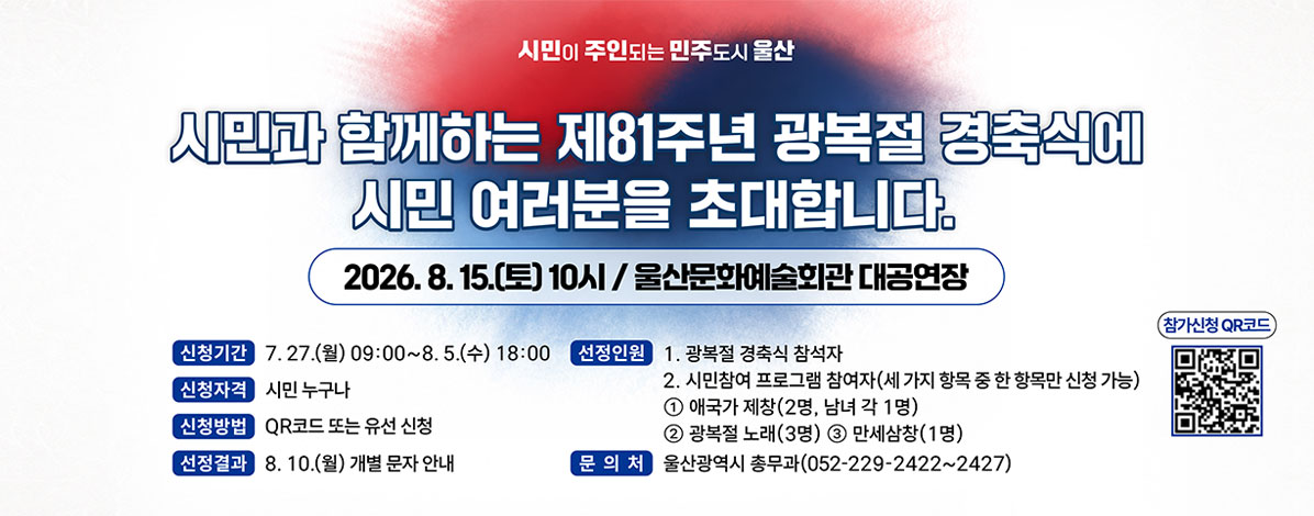 시민이 주인되는 민주도시 울산
시민과 함께하는 제81주년 광복절 경축식에 시민 여러분을 초대합니다.
2026. 8. 15.(토) 10시 / 울산문화예술회관 대공연장
ㆍ신청기간 : 7.27.(월) 09:00~8.5.(수) 18:00
ㆍ신청자격 : 시민 누구나
ㆍ신청방법 : QR코드 또는 유선 신청
ㆍ선정결과 : 8. 10.(월) 개별 문자 안내
ㆍ선정인원
1. 광복절 경축식 참석자
2. 시민참여 프로그램 참여자(세 가지 항목 중 한 항목만 신청 가능)
① 애국가 제창(2명, 남녀 각 1명)
② 광복절 노래(3명) ③ 만세삼창(1명)
ㆍ문의처 : 울산광역시 총무과(052-229-2422~2427)
QR코드 참가신청 바로가기 https://form.naver.com/response/LlmZQxnx5Q6