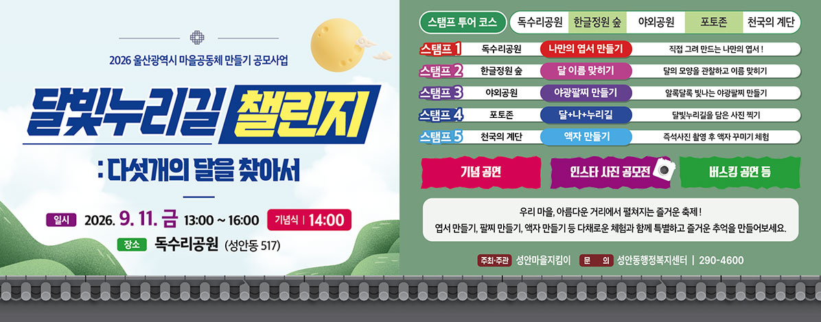 2026 울산광역시 마을공동체 만들기 공모사업
달빛누리길 챌린지 : 다섯개의 달을 찾아서
ㆍ일시 : 2026. 9. 11. 금 13:00~16:00 ※기념식 14:00
ㆍ장소 : 독수리공원(성안동 517)
ㆍ스탬프 투어 코스 : 독수리공원, 한글정원 숲, 야외공원, 포토존, 천국의 계단
- 스탬프1 독수리공원 : 나만의 엽서 만들기(직접 그려 만드는 나만의 엽서!)
- 스탬프2 한글정원 숲 : 달 이름 맞히기(달의 모양을 관찰하고 이름 맞히기)
- 스탬프3 야외공원 :  야광팔찌 만들기(알록달록 빛나는 야광팔찌 만들기)
- 스탬프4 포토존 : 달+나+누리길(달빛누리길을 담은 사진 찍기)
- 스탬프5 천국의 계단 : 액자 만들기(즉석사진 촬영 후 액자 꾸미기 체험)
기념공연, 인스타 사진 공모전, 버스킹 공연 등
우리 마을, 아름다운 거리에서 펼쳐지는 즐거운 축제!
엽서 만들기, 팔찌 만들기, 액자 만들기 등 다채로운 체험과 함께 특별하고 즐거운 추억을 만들어보세요.
ㆍ주최·주관 : 성안마을지킴이
ㆍ문의 : 성안동행정복지센터 290-4600